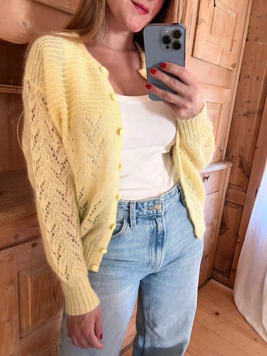 Vtg Light Yellow Mohair Cardigan