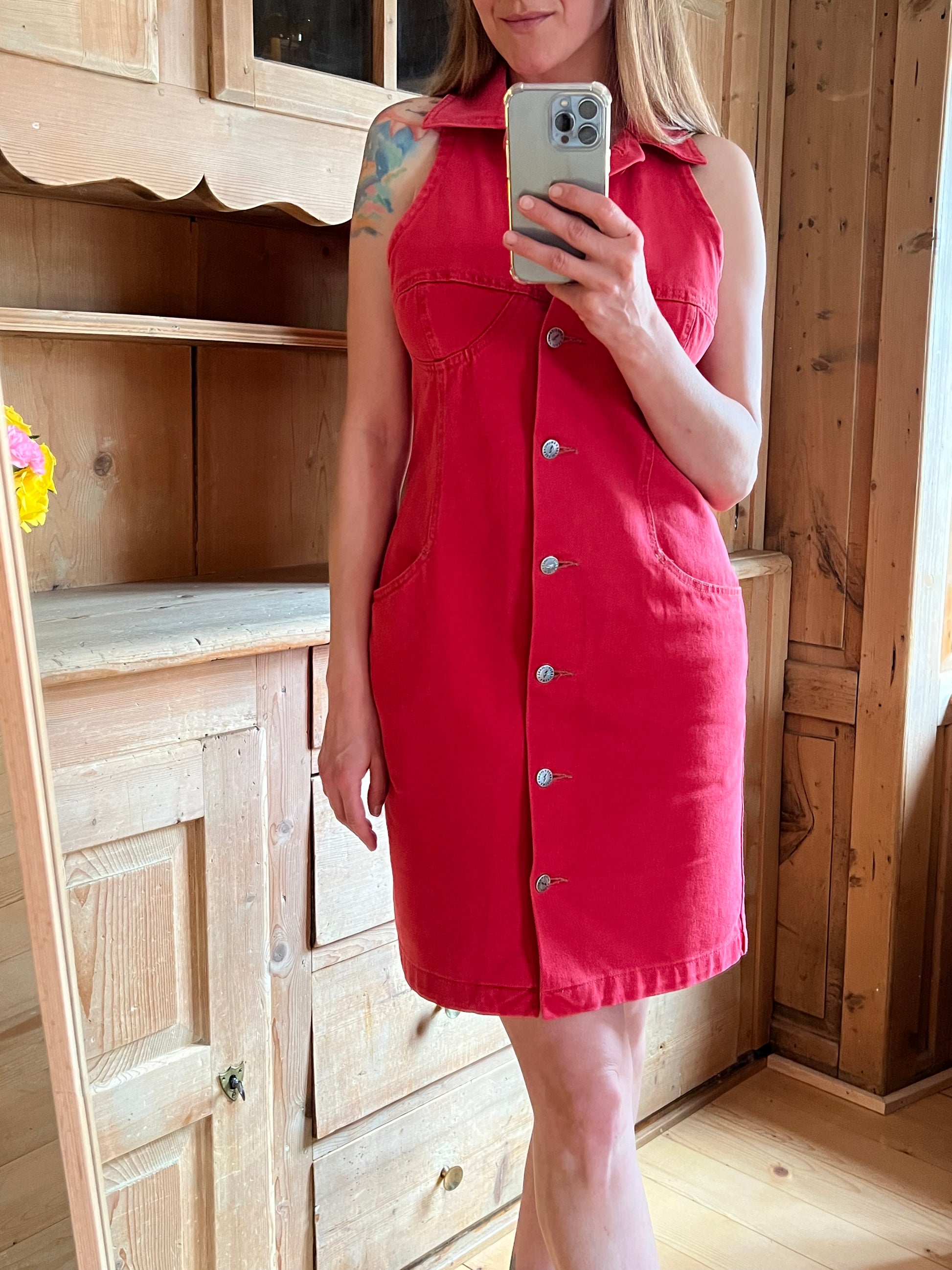denim dress red Red Petite Denim Short Sleeve Shirt Dress